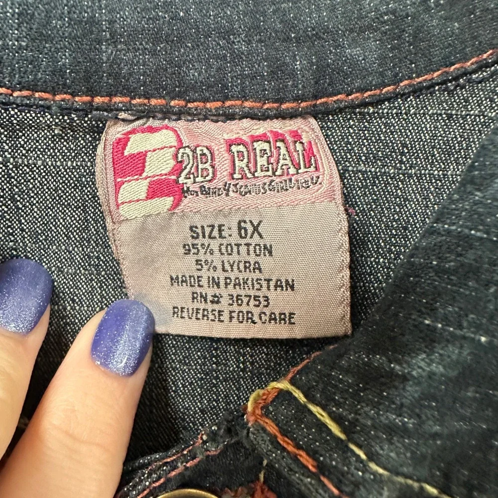 Vintage Kids 2B Real Girls Dark Wash Denim Dress Size 6X Rhinestone Button Front